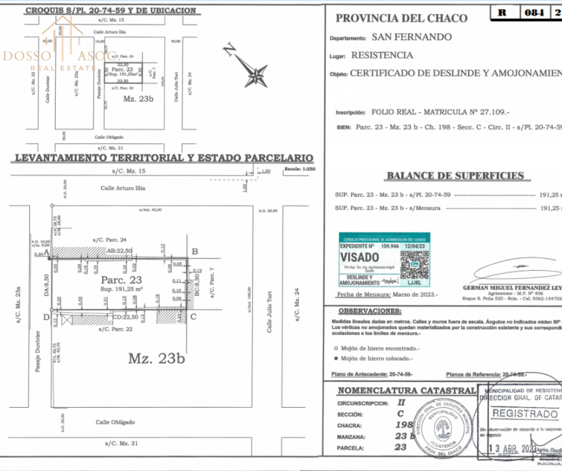 VENDE TERRENO DE 8,50 X 22,50 EN PASAJE DUVIVIER ENTRE CALLE OBLIGADO Y ARTURO ILLIA - RESISTENCIA - CHACO